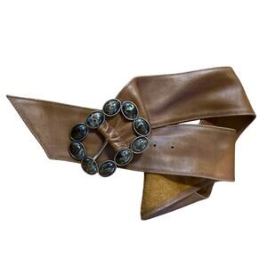 Vtg Carmel Color Leather Belt Embelished Marble Stone Buckle Wide S/M